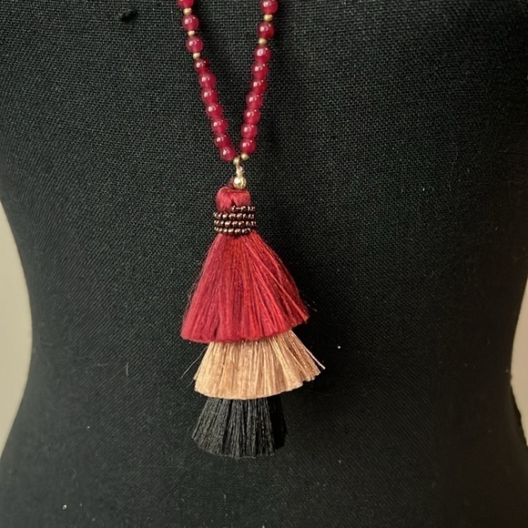 Express Long Beaded Triple Tassel Necklace in Red Black & Gold - Picture 2 of 4